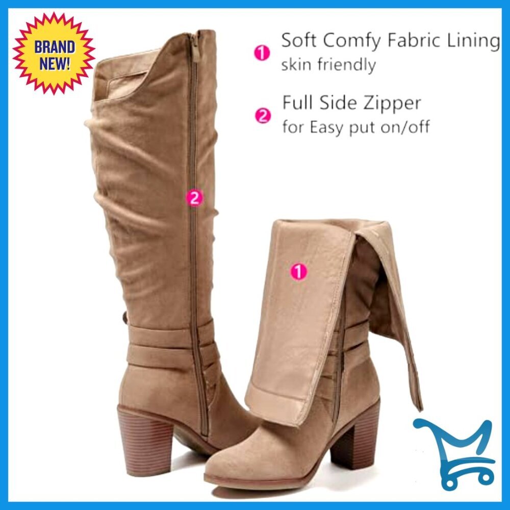 Extra Wide Calf Knee High Boots Slouchy Wide Width Chunky Heel - Picture 3 of 7